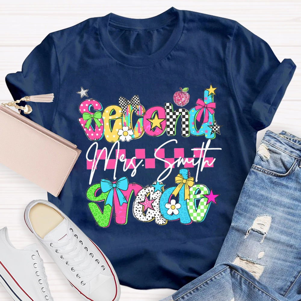 Personalized Name And Grade Second Grade Pink Checkered T-shirt