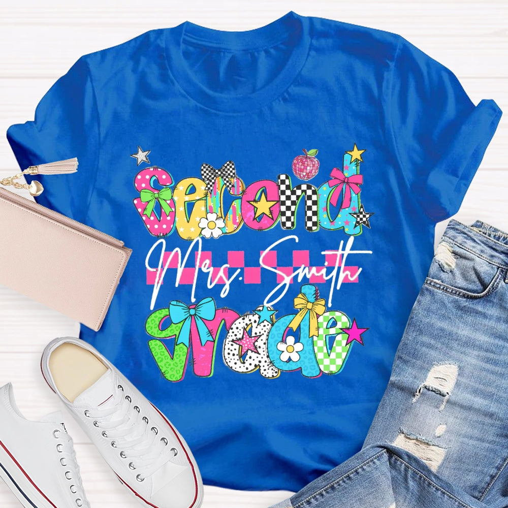 Personalized Name And Grade Second Grade Pink Checkered T-shirt