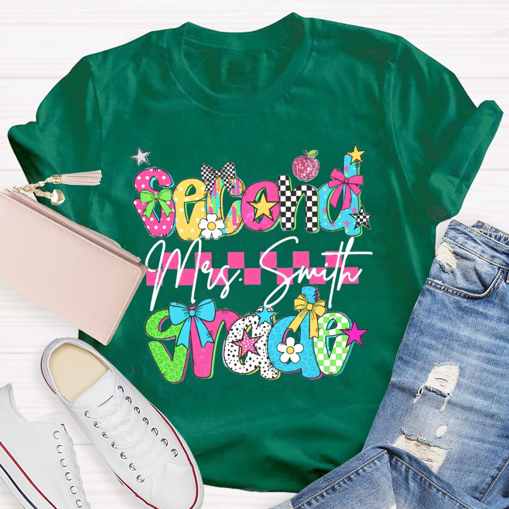Personalized Name And Grade Second Grade Pink Checkered T-shirt