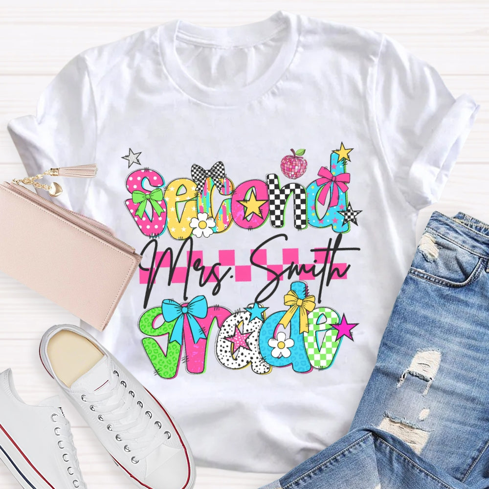 Personalized Name And Grade Second Grade Pink Checkered T-shirt