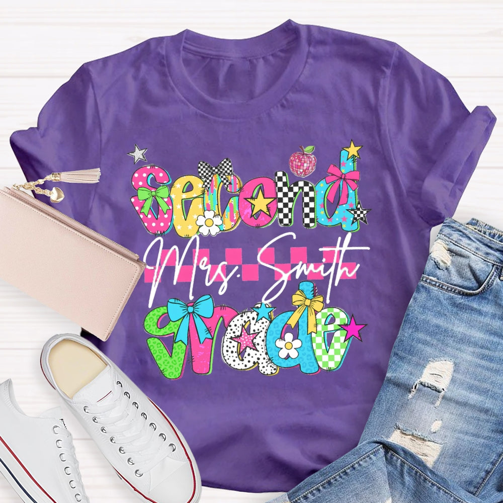 Personalized Name And Grade Second Grade Pink Checkered T-shirt
