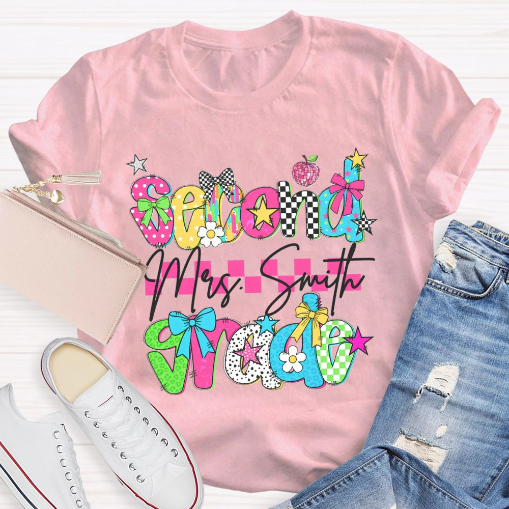 Personalized Name And Grade Second Grade Pink Checkered T-shirt