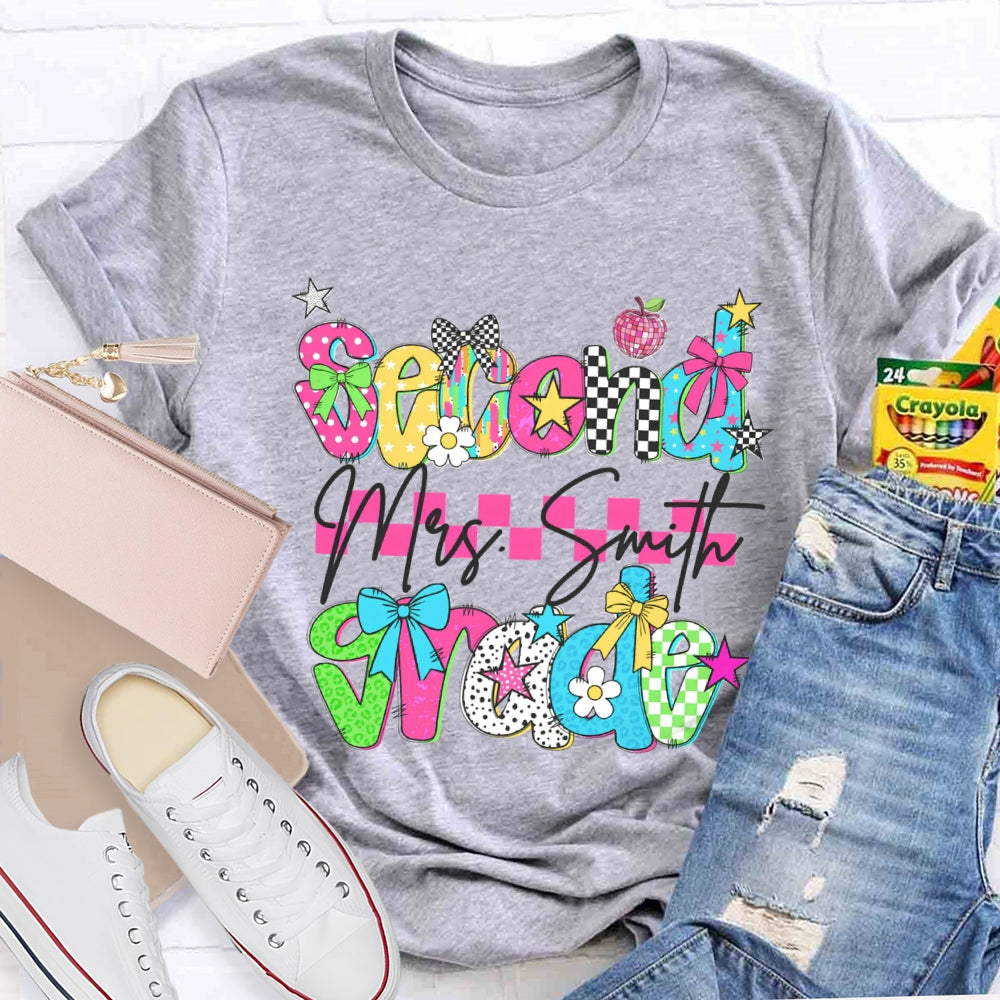 Personalized Name And Grade Second Grade Pink Checkered T-shirt