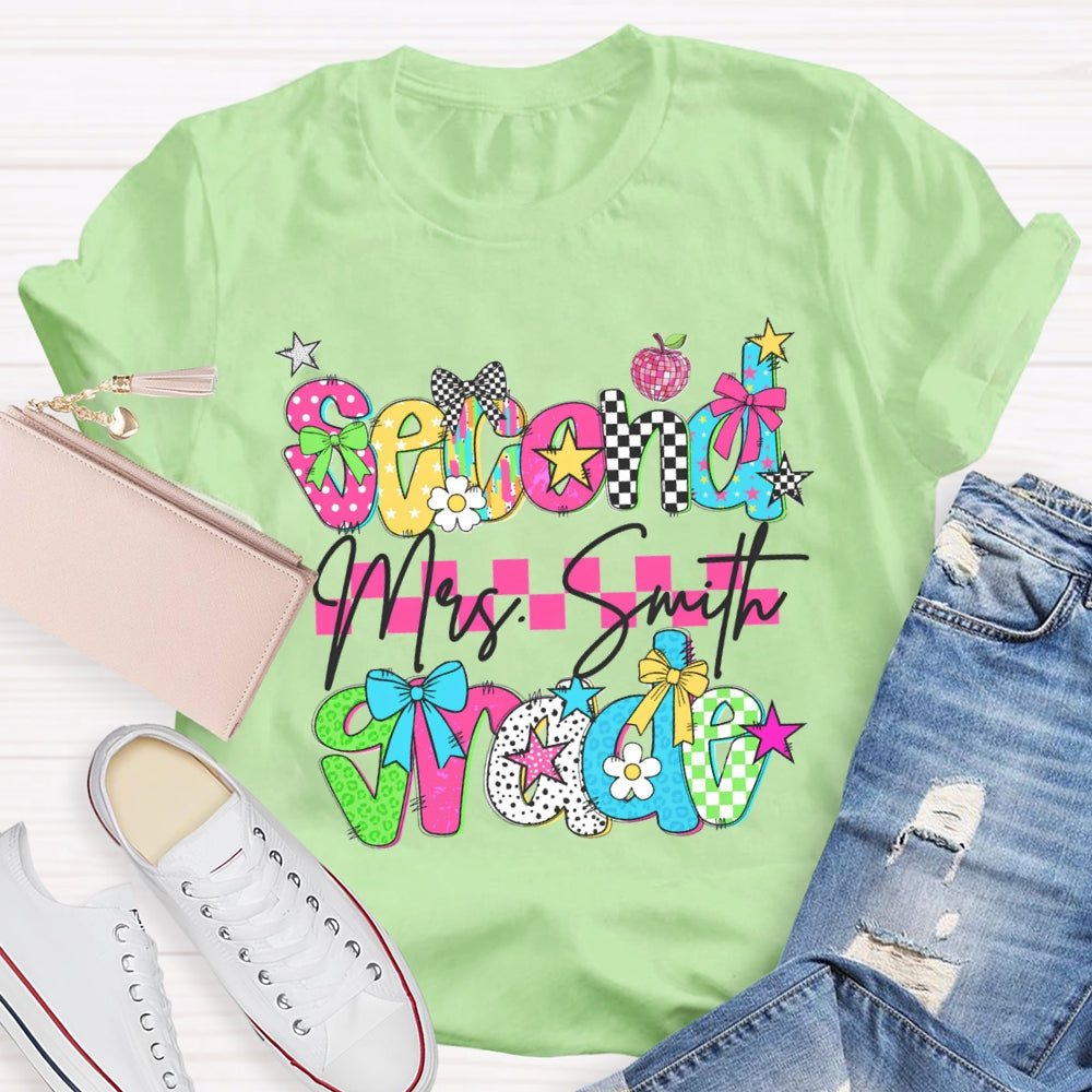 Personalized Name And Grade Second Grade Pink Checkered T-shirt