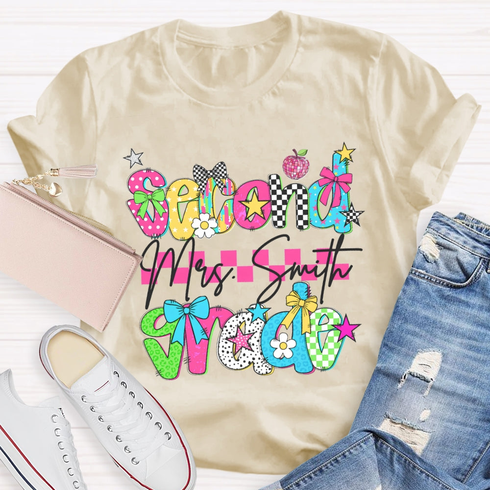 Personalized Name And Grade Second Grade Pink Checkered T-shirt
