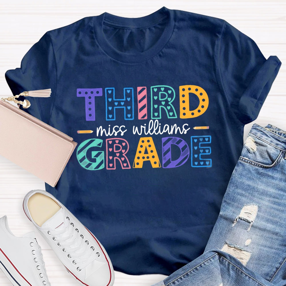 Personalized Name And Grade Third Grade Colorful Dots T-shirt