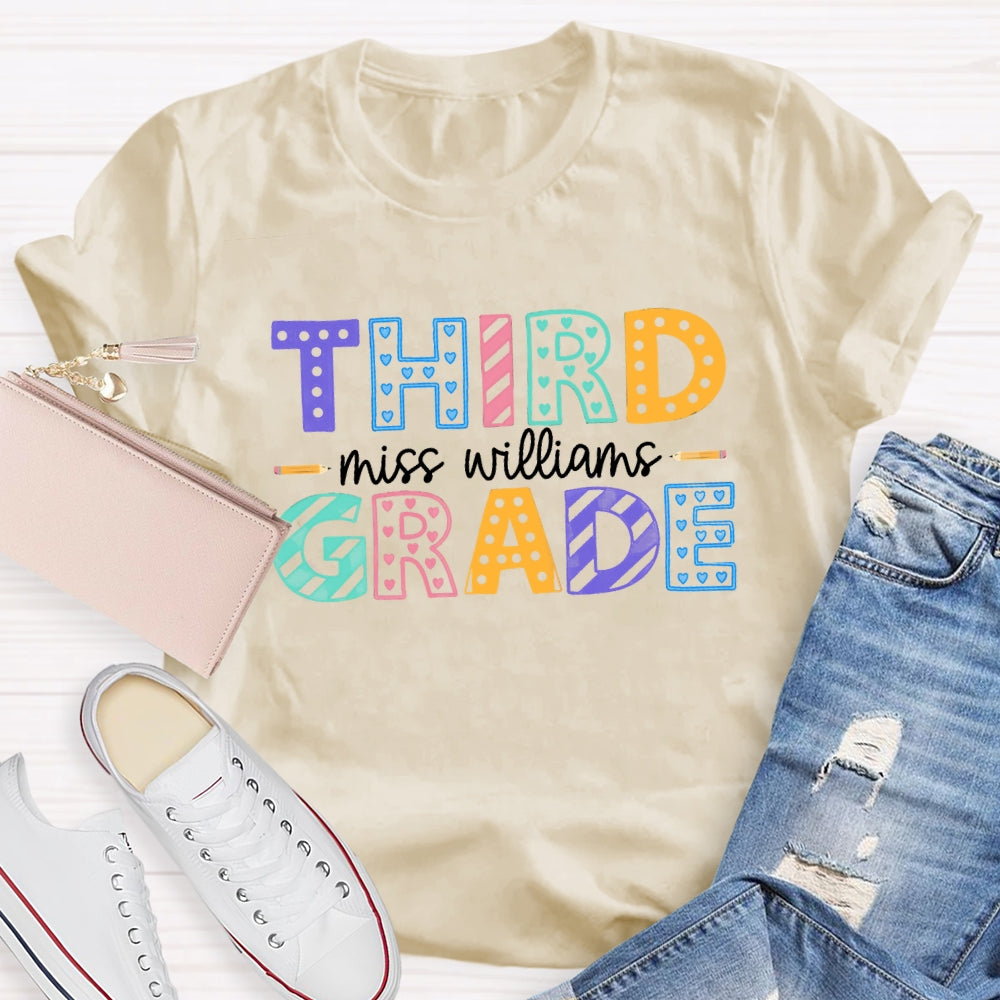 Personalized Name And Grade Third Grade Colorful Dots T-shirt