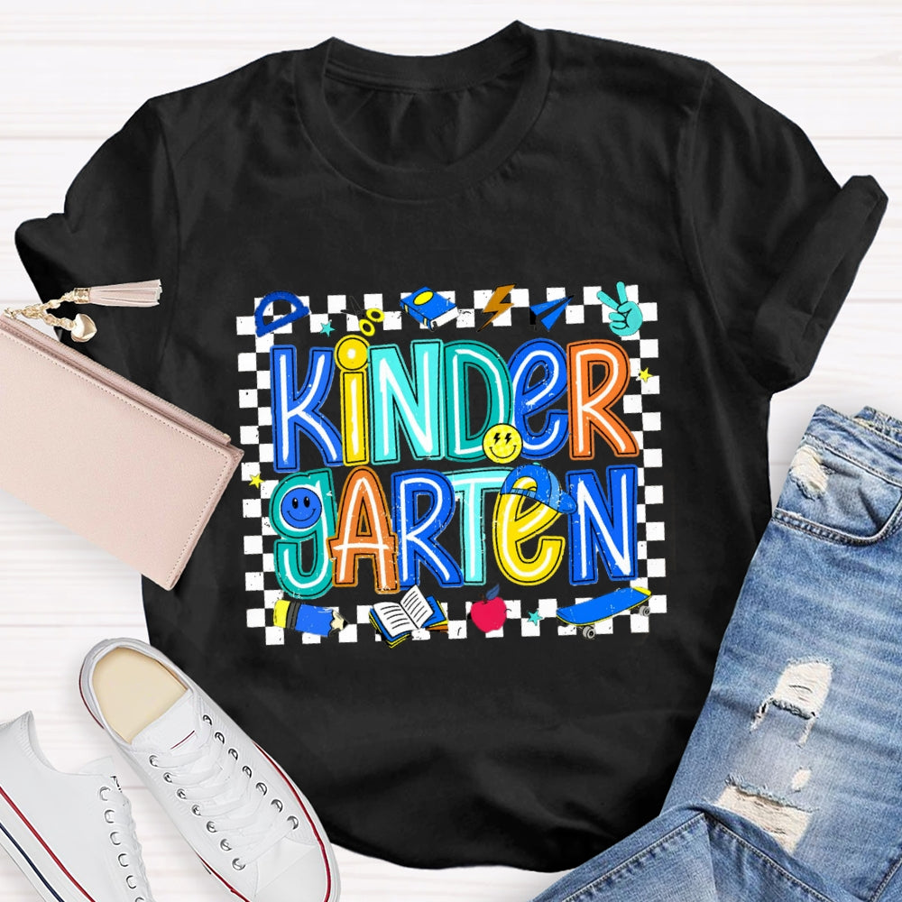 Personalized Grade Kinder Garten Smiley Face Pattern And Checkered T-shirt