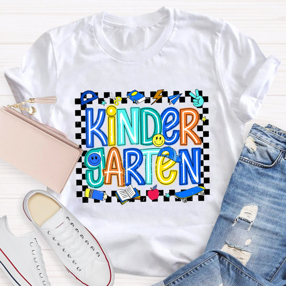 Personalized Grade Kinder Garten Smiley Face Pattern And Checkered T-shirt