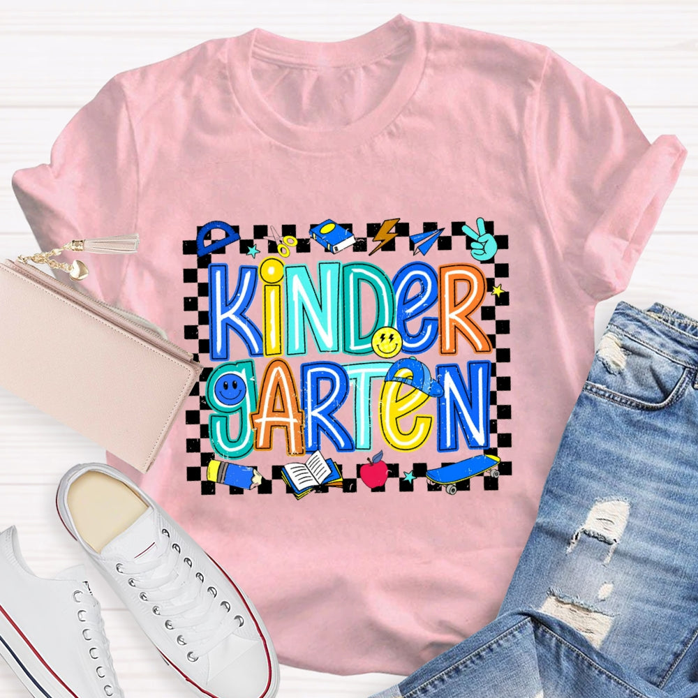 Personalized Grade Kinder Garten Smiley Face Pattern And Checkered T-shirt