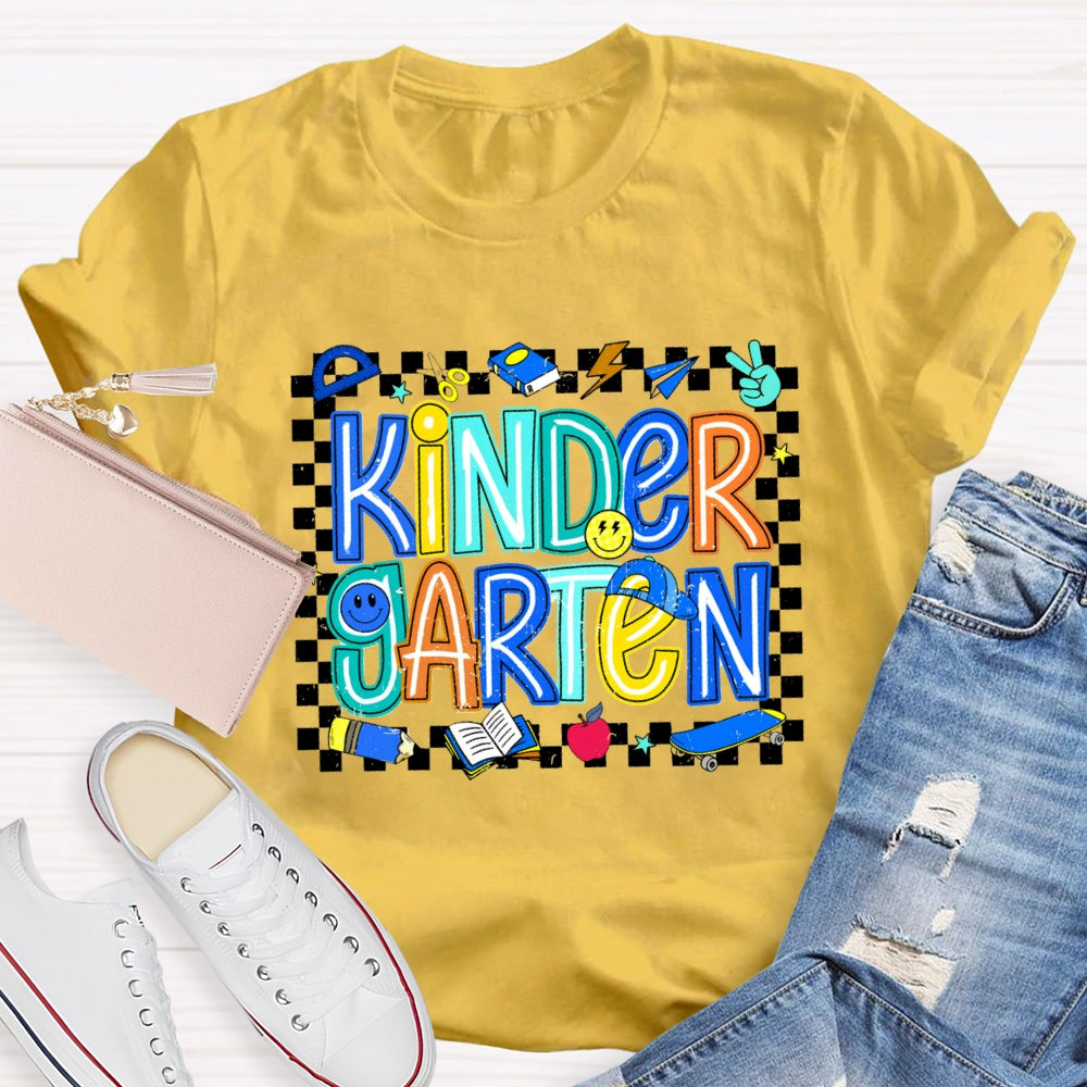 Personalized Grade Kinder Garten Smiley Face Pattern And Checkered T-shirt