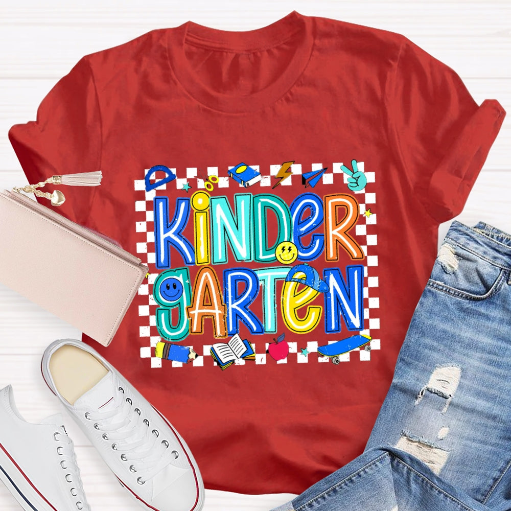 Personalized Grade Kinder Garten Smiley Face Pattern And Checkered T-shirt