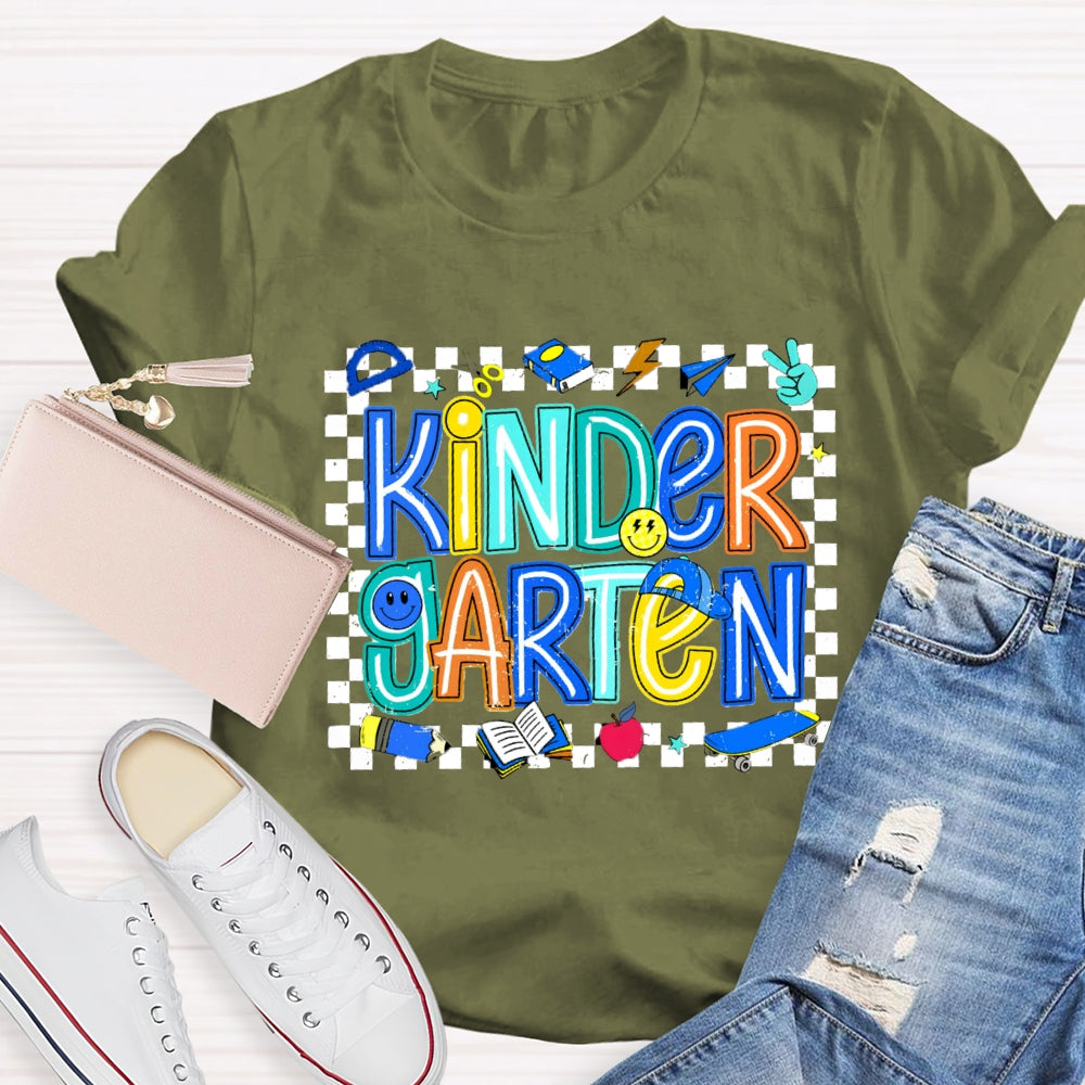 Personalized Grade Kinder Garten Smiley Face Pattern And Checkered T-shirt