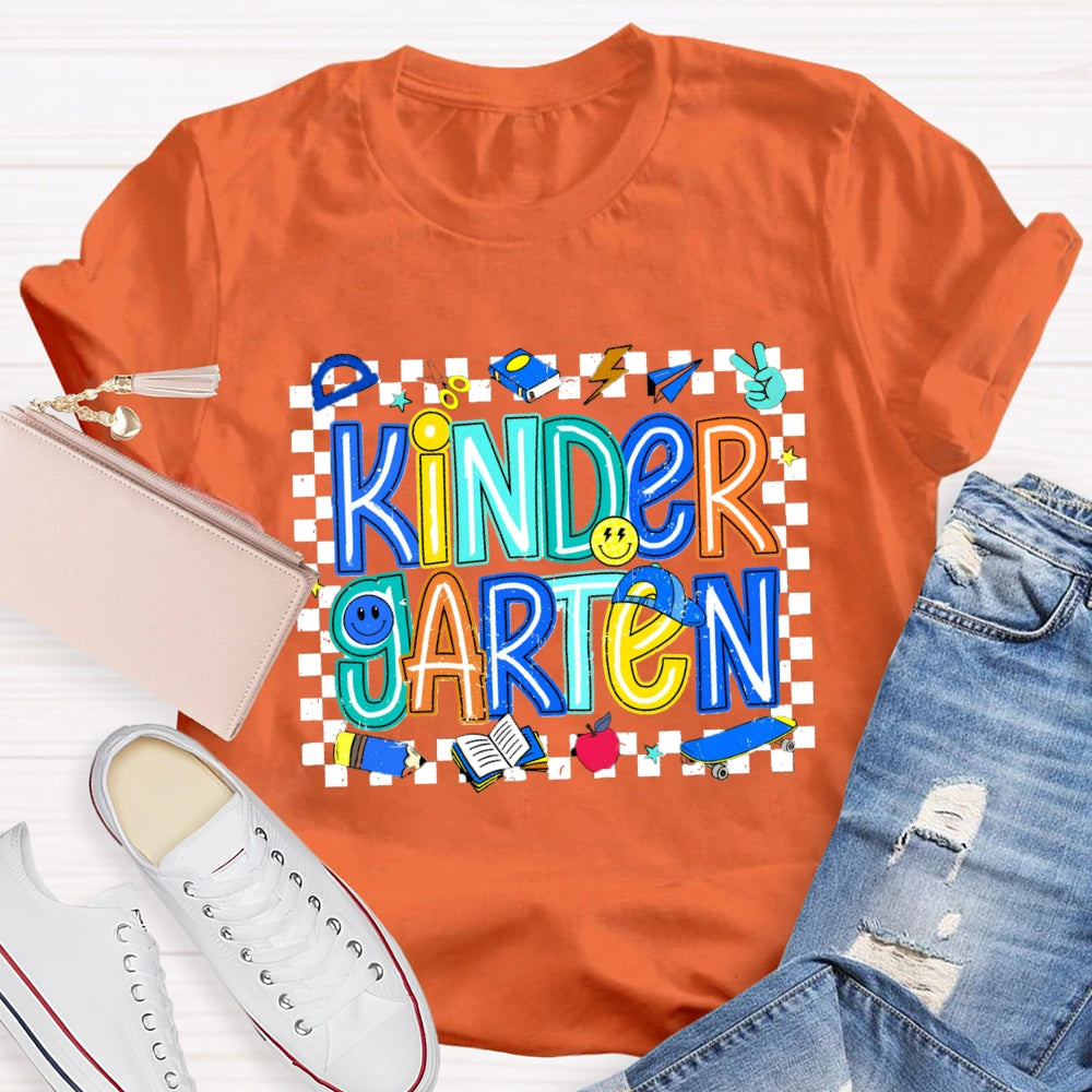 Personalized Grade Kinder Garten Smiley Face Pattern And Checkered T-shirt