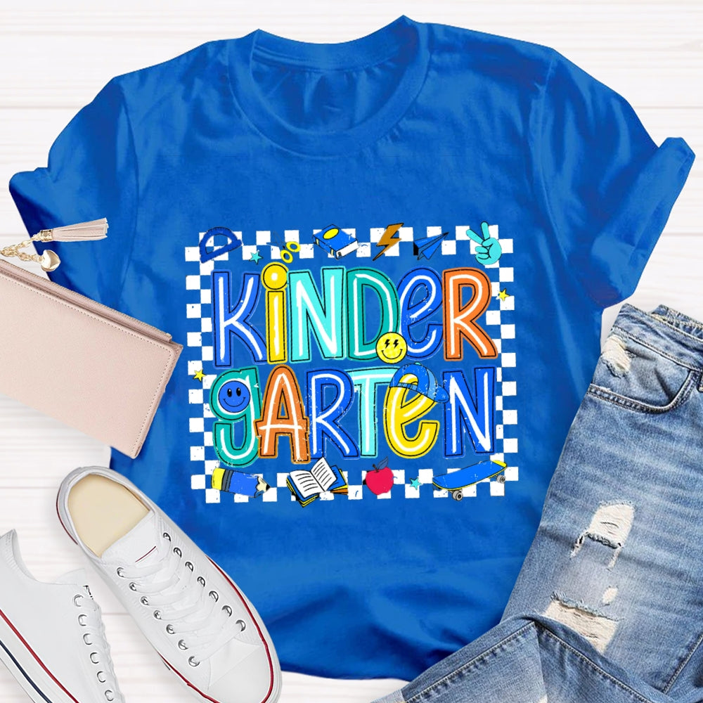 Personalized Grade Kinder Garten Smiley Face Pattern And Checkered T-shirt