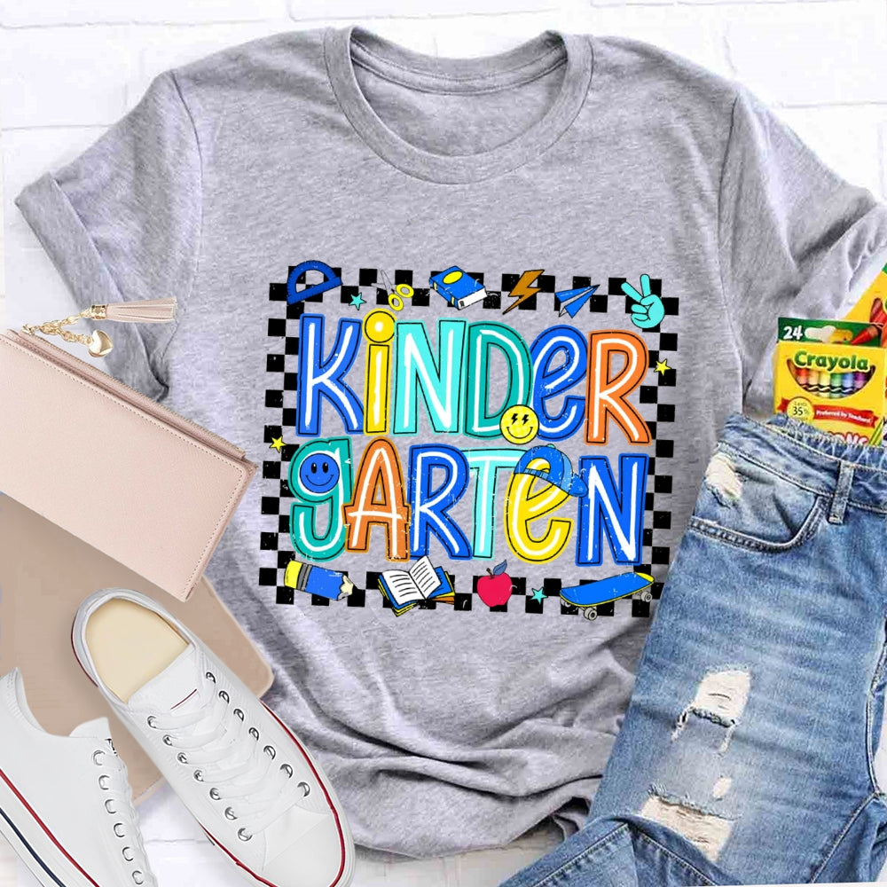 Personalized Grade Kinder Garten Smiley Face Pattern And Checkered T-shirt