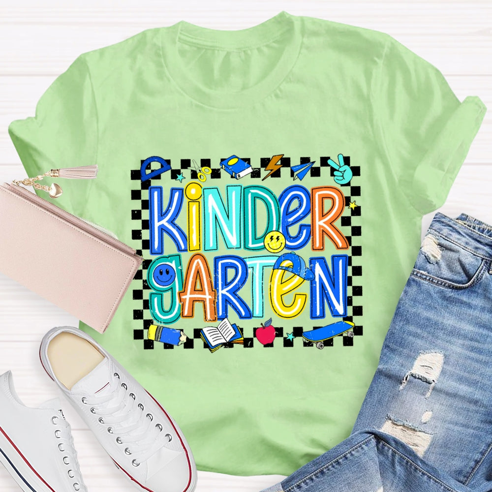 Personalized Grade Kinder Garten Smiley Face Pattern And Checkered T-shirt