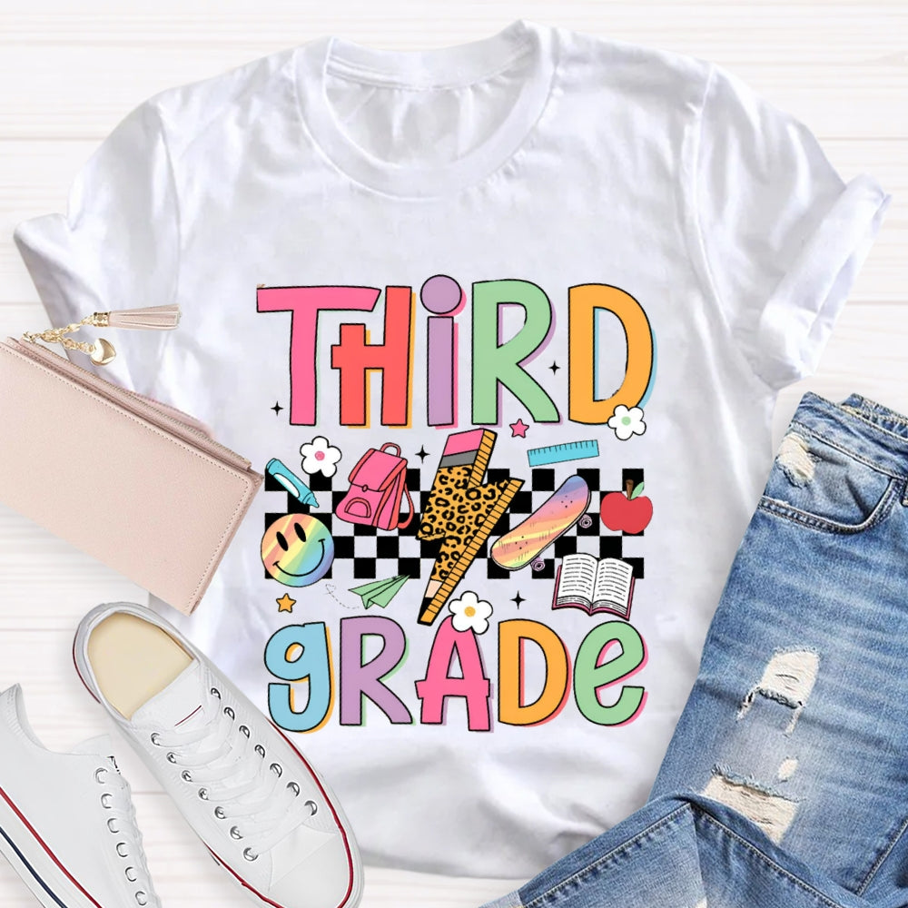 Personalized Grade Third Grade Small Checkered Print Teacher T-shirt
