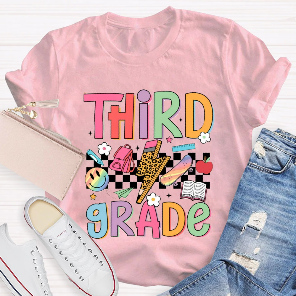 Personalized Grade Third Grade Small Checkered Print Teacher T-shirt