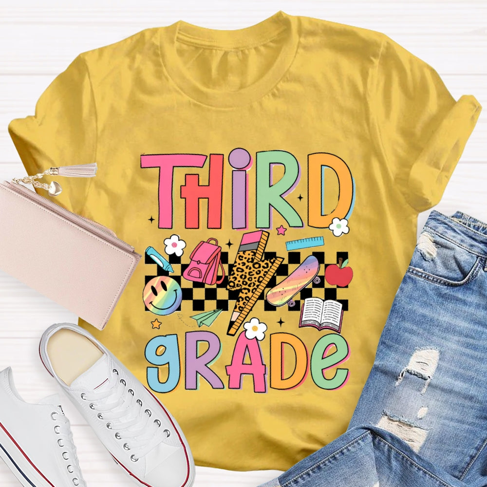 Personalized Grade Third Grade Small Checkered Print Teacher T-shirt