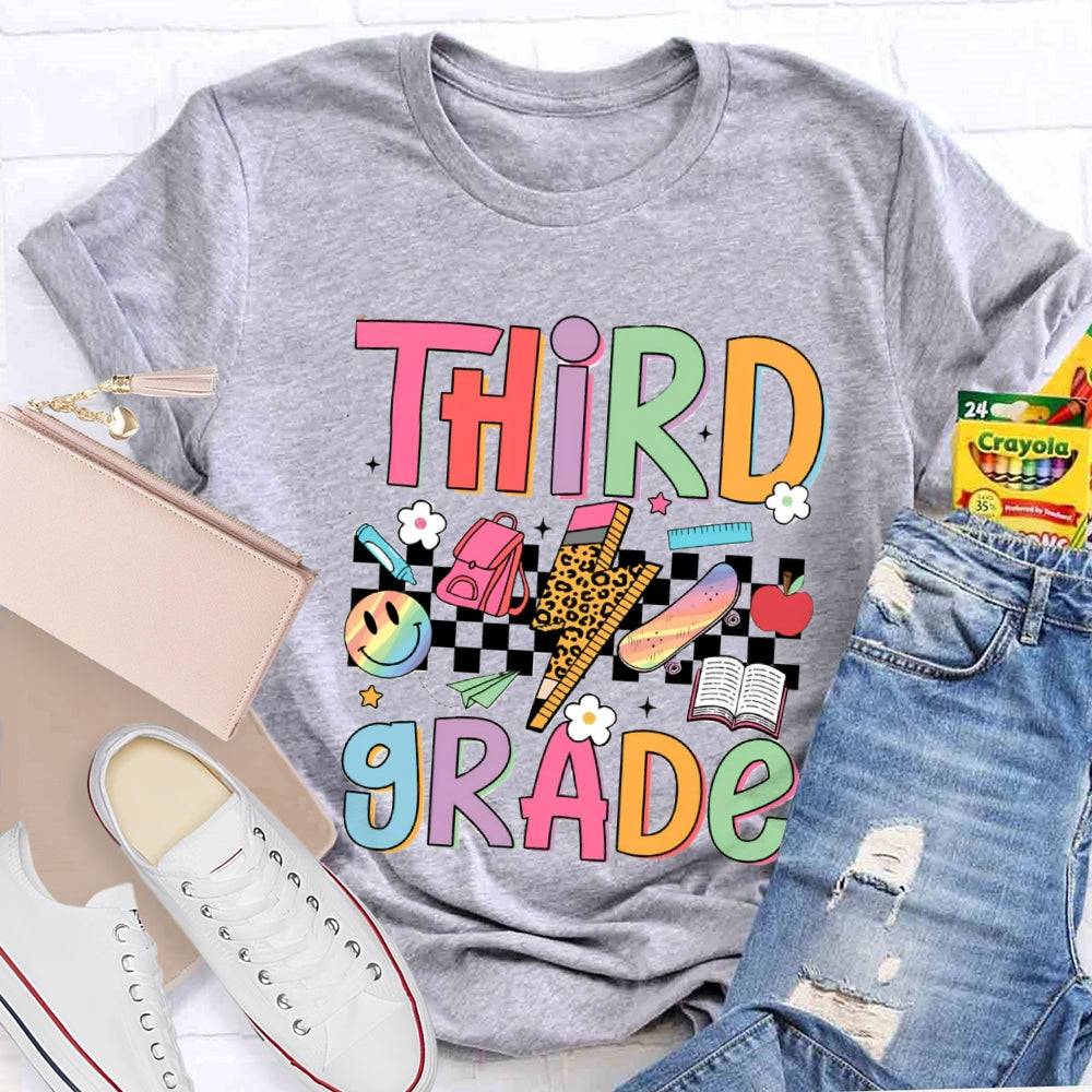 Personalized Grade Third Grade Small Checkered Print Teacher T-shirt