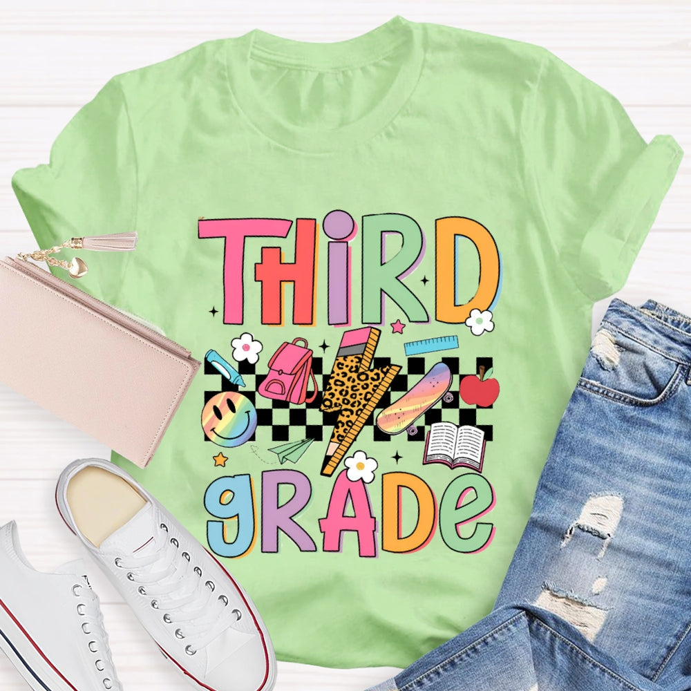 Personalized Grade Third Grade Small Checkered Print Teacher T-shirt