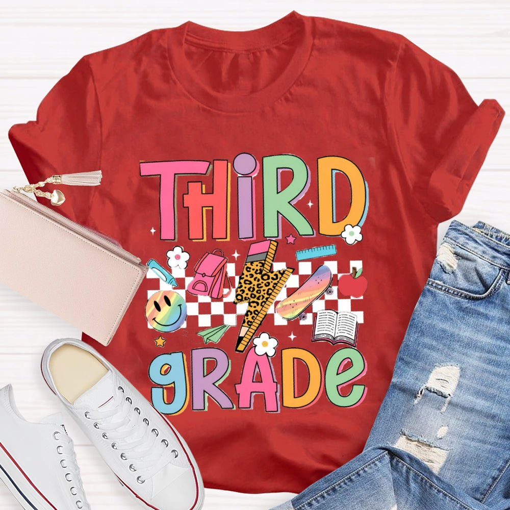 Personalized Grade Third Grade Small Checkered Print Teacher T-shirt