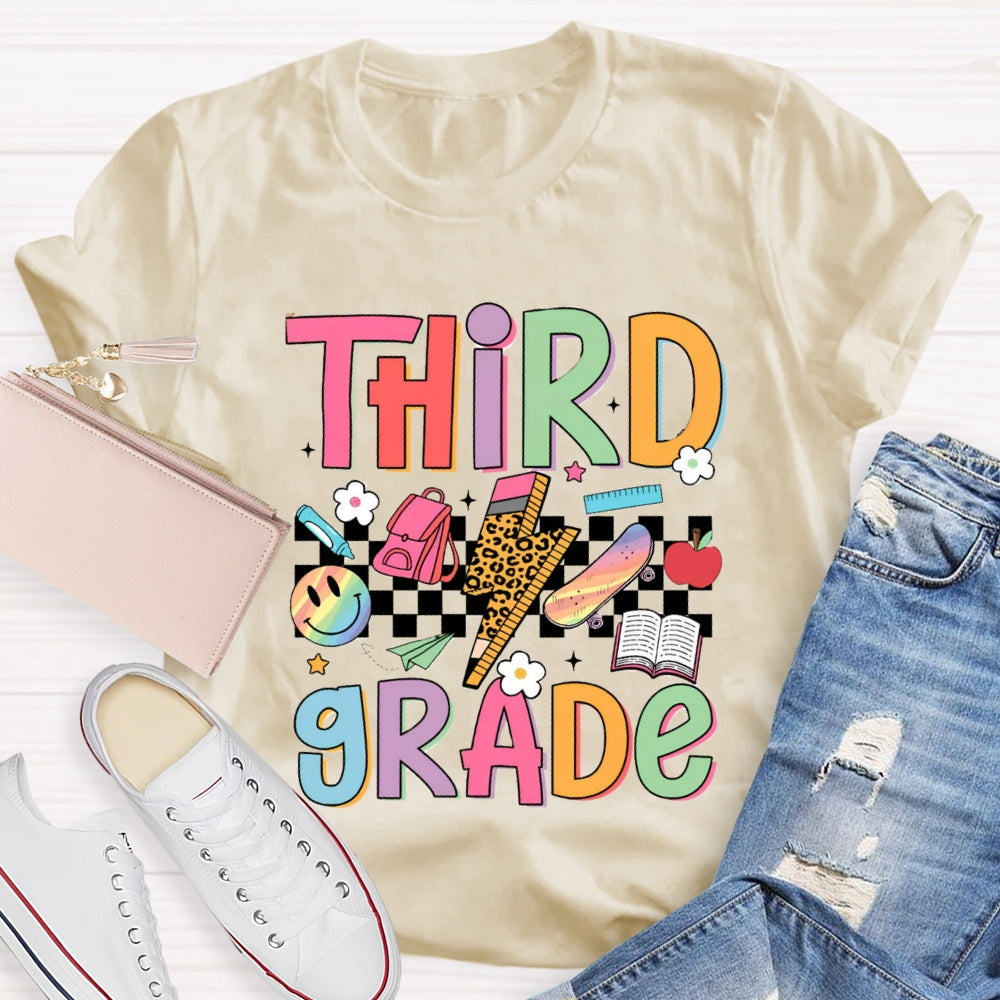 Personalized Grade Third Grade Small Checkered Print Teacher T-shirt