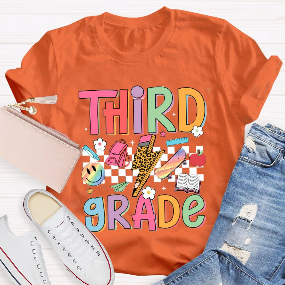 Personalized Grade Third Grade Small Checkered Print Teacher T-shirt