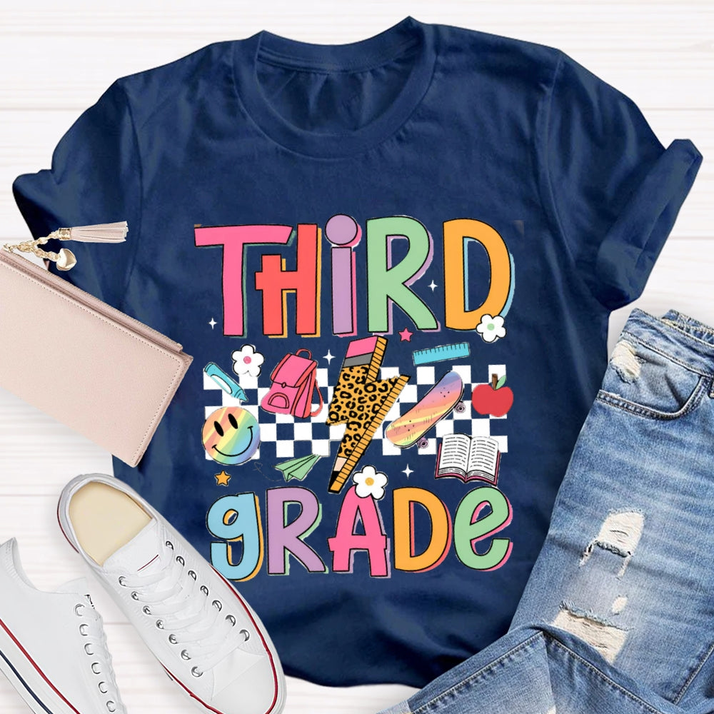 Personalized Grade Third Grade Small Checkered Print Teacher T-shirt