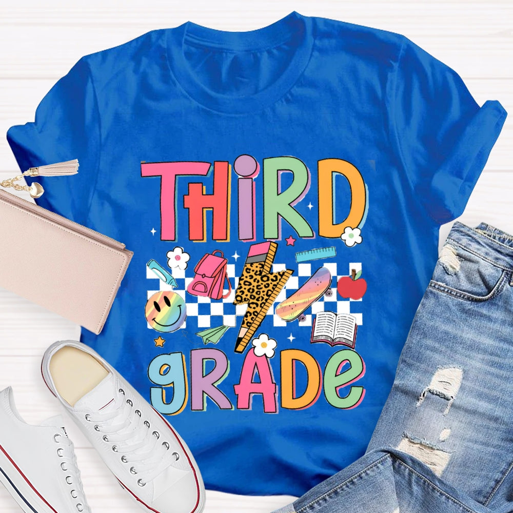 Personalized Grade Third Grade Small Checkered Print Teacher T-shirt