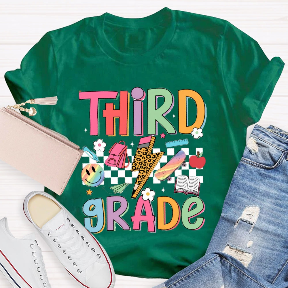 Personalized Grade Third Grade Small Checkered Print Teacher T-shirt