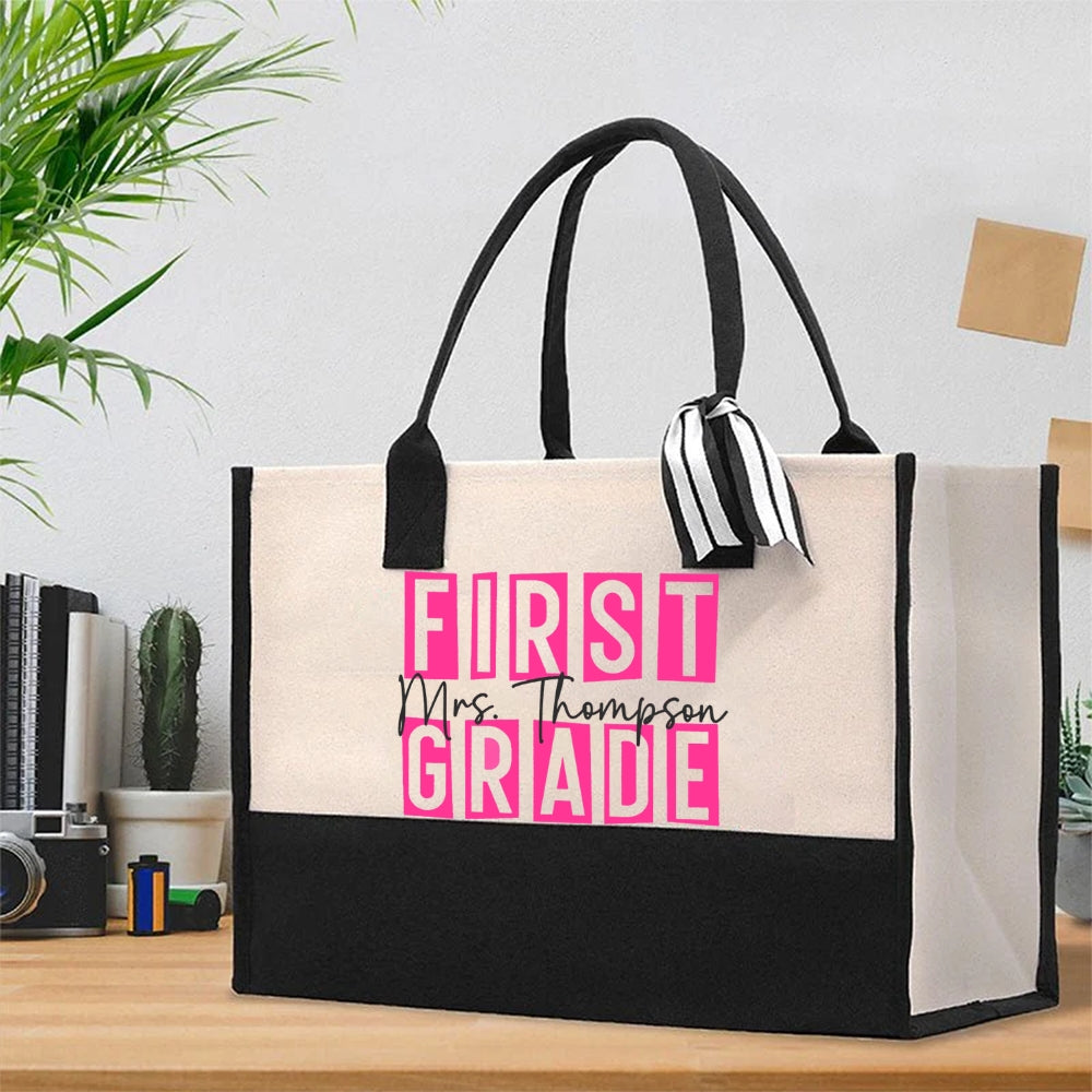 Personalized Grade And Pink square Cotton Tote Bag