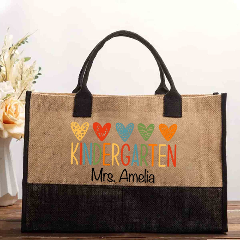 Personalized Kindergarten Teacher Name Colorful Heart Cotton Tote Bag