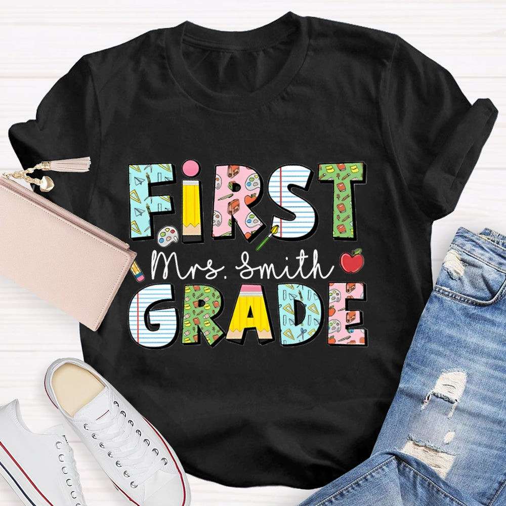 Personalized Name And Grade First Grade Colorful Printed Pattern T-shirt