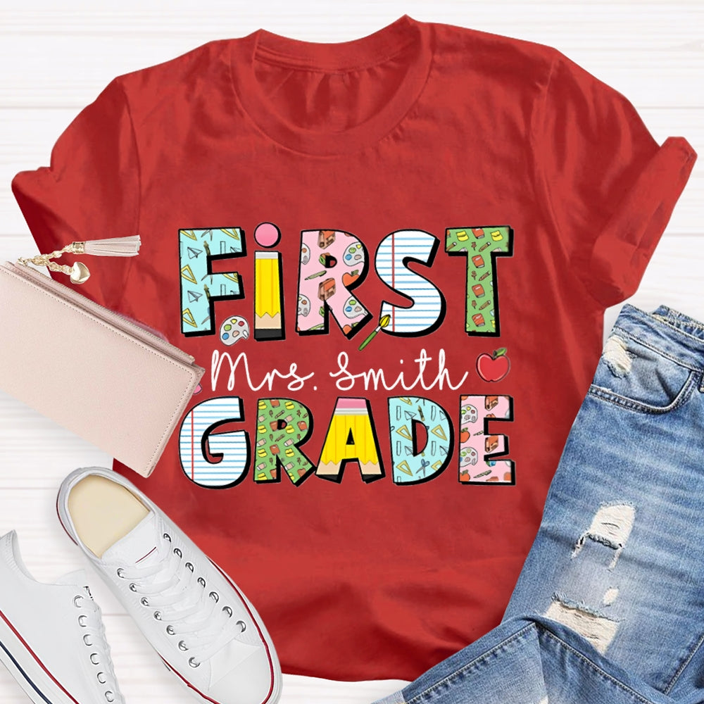 Personalized Name And Grade First Grade Colorful Printed Pattern T-shirt
