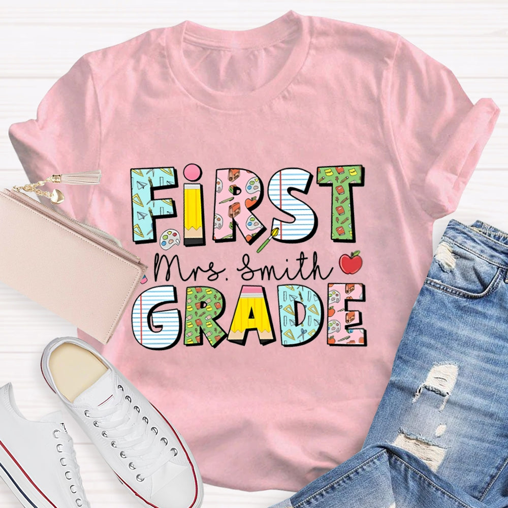 Personalized Name And Grade First Grade Colorful Printed Pattern T-shirt