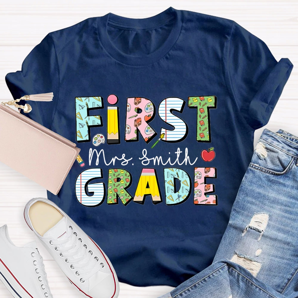 Personalized Name And Grade First Grade Colorful Printed Pattern T-shirt