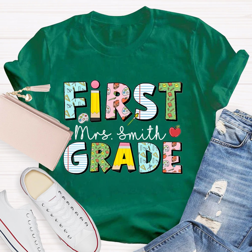 Personalized Name And Grade First Grade Colorful Printed Pattern T-shirt