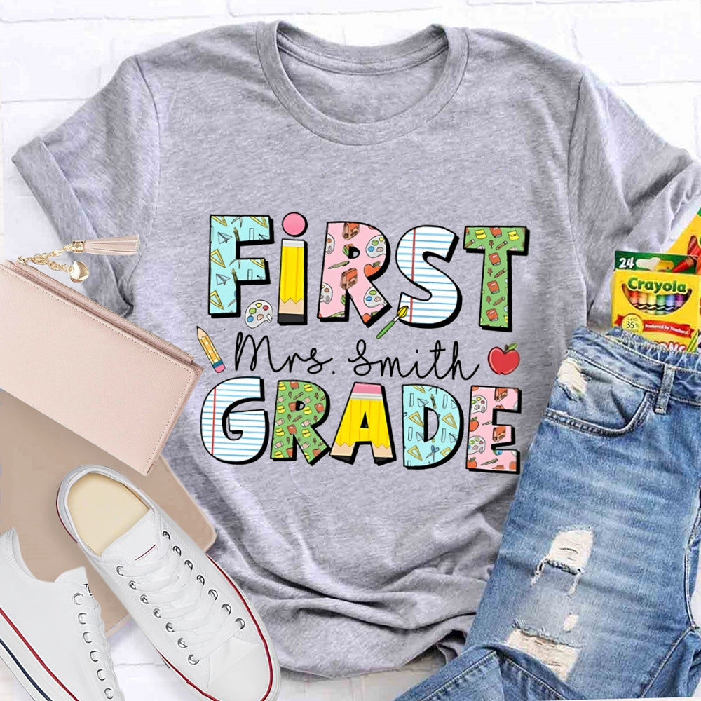 Personalized Name And Grade First Grade Colorful Printed Pattern T-shirt
