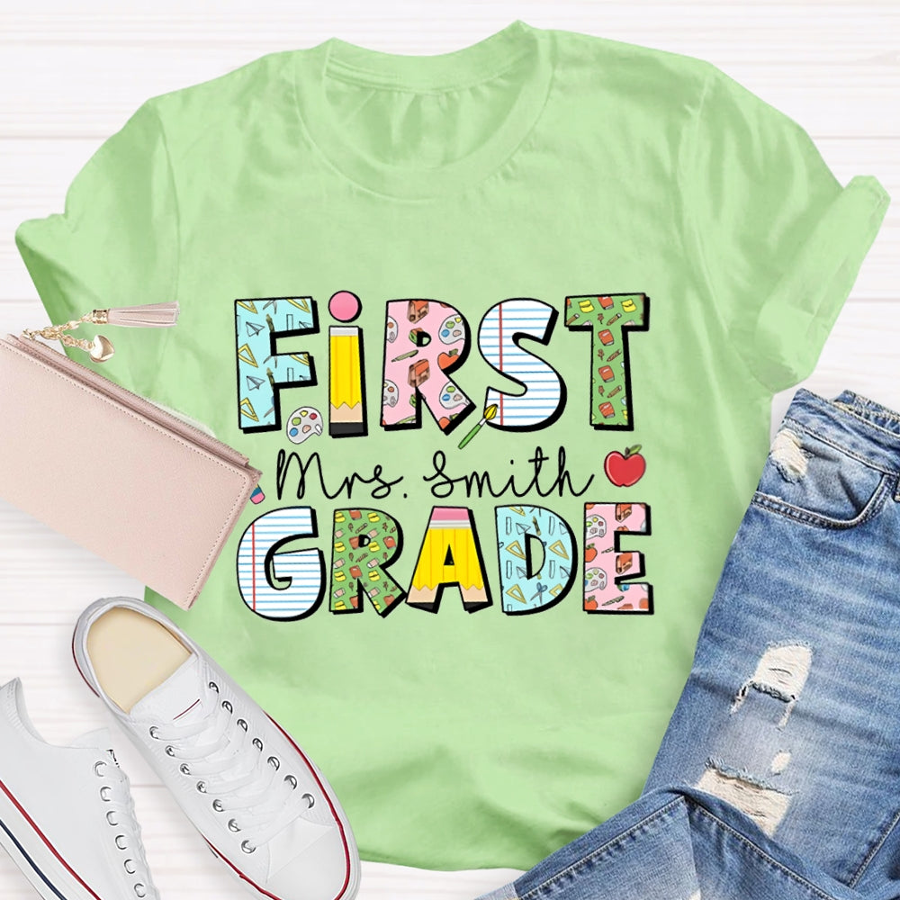 Personalized Name And Grade First Grade Colorful Printed Pattern T-shirt