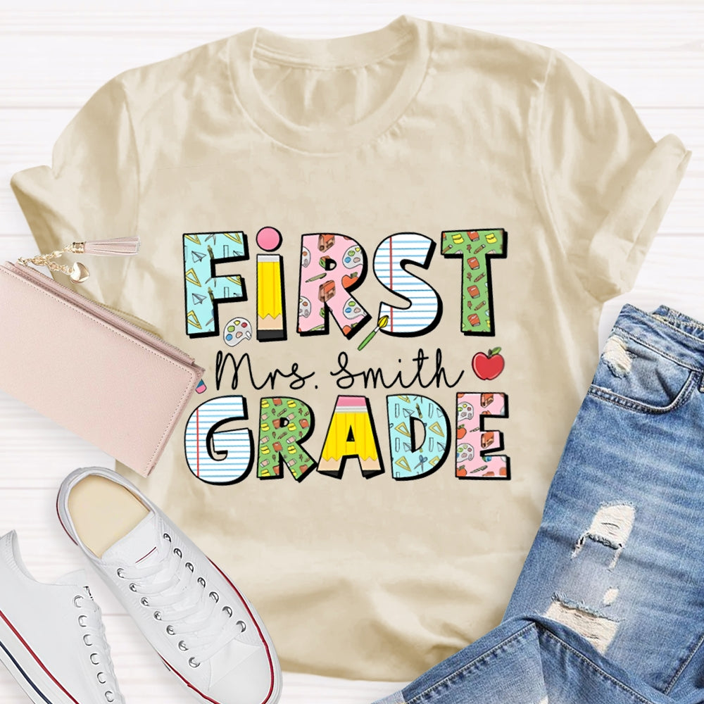Personalized Name And Grade First Grade Colorful Printed Pattern T-shirt