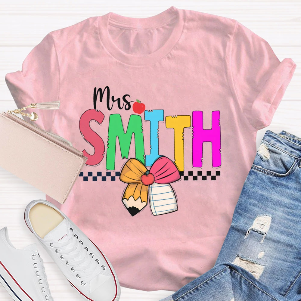 Personalized Name Colorful Bow And Apple Teacher T-shirt