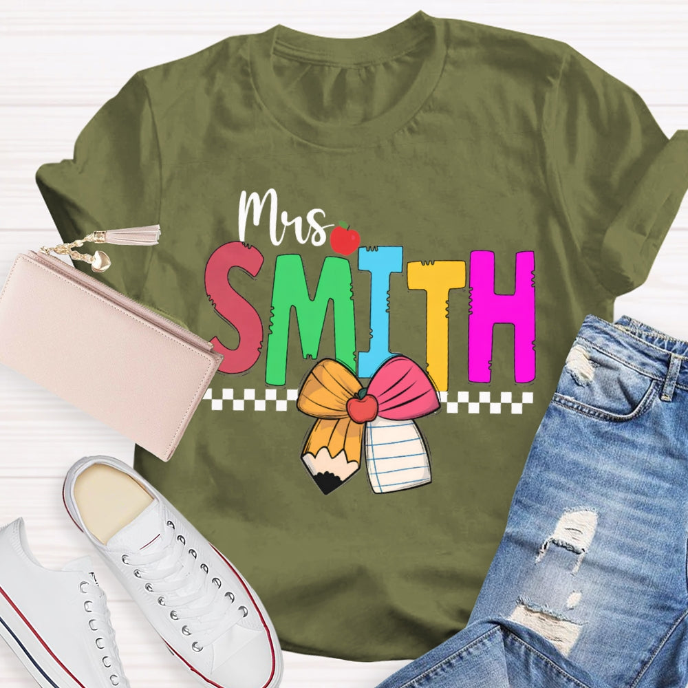 Personalized Name Colorful Bow And Apple Teacher T-shirt