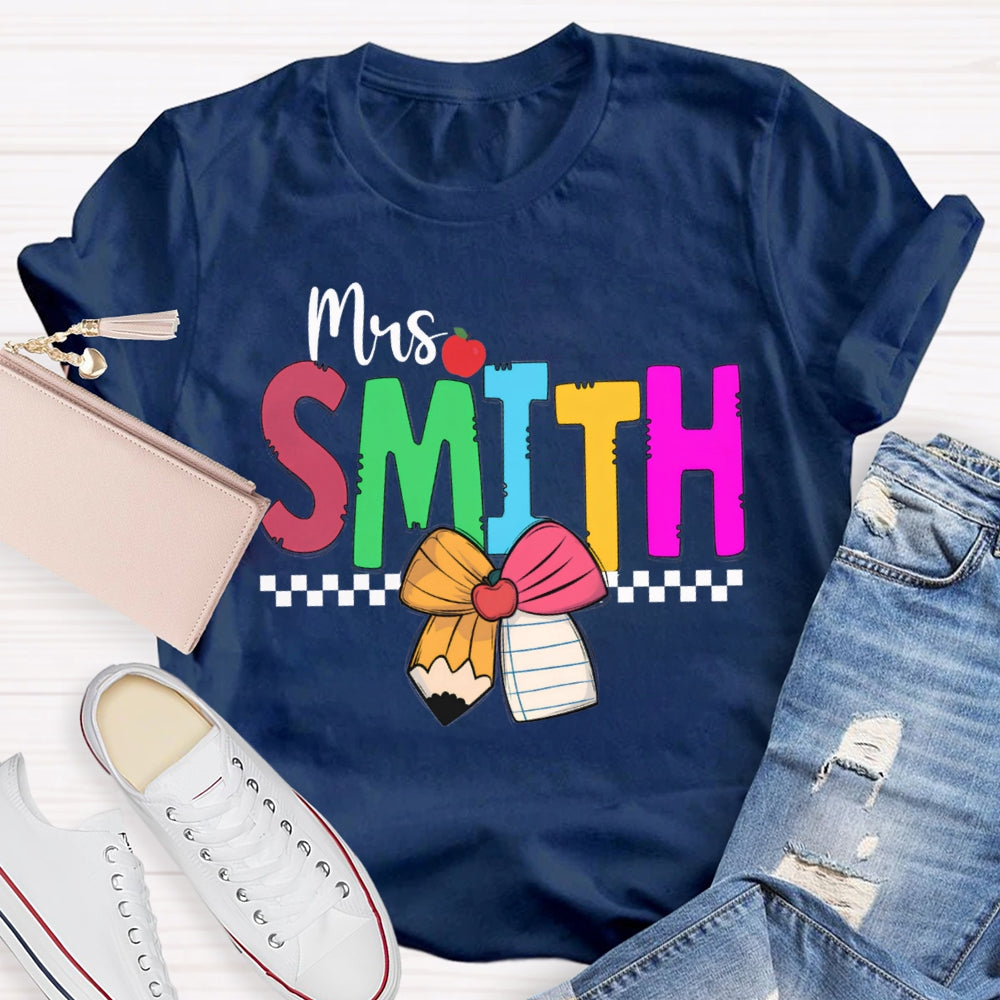 Personalized Name Colorful Bow And Apple Teacher T-shirt