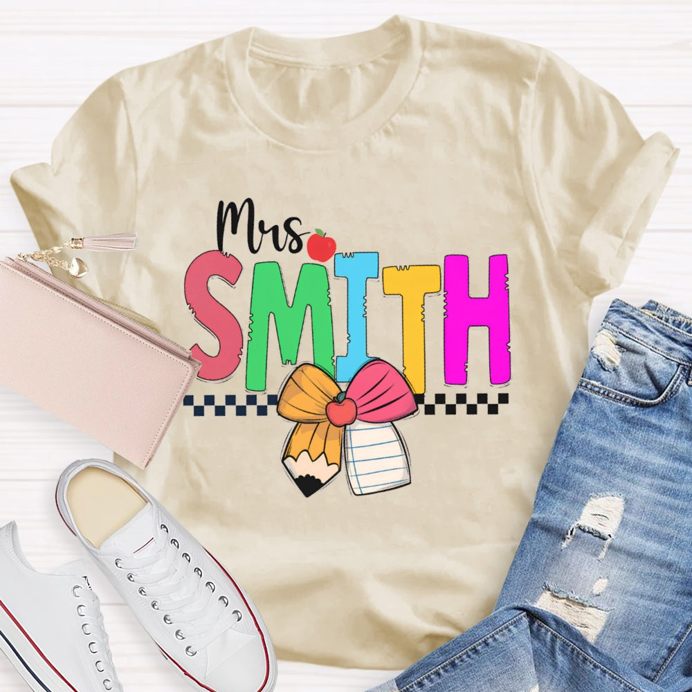 Personalized Name Colorful Bow And Apple Teacher T-shirt