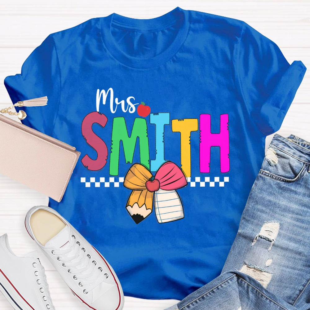 Personalized Name Colorful Bow And Apple Teacher T-shirt