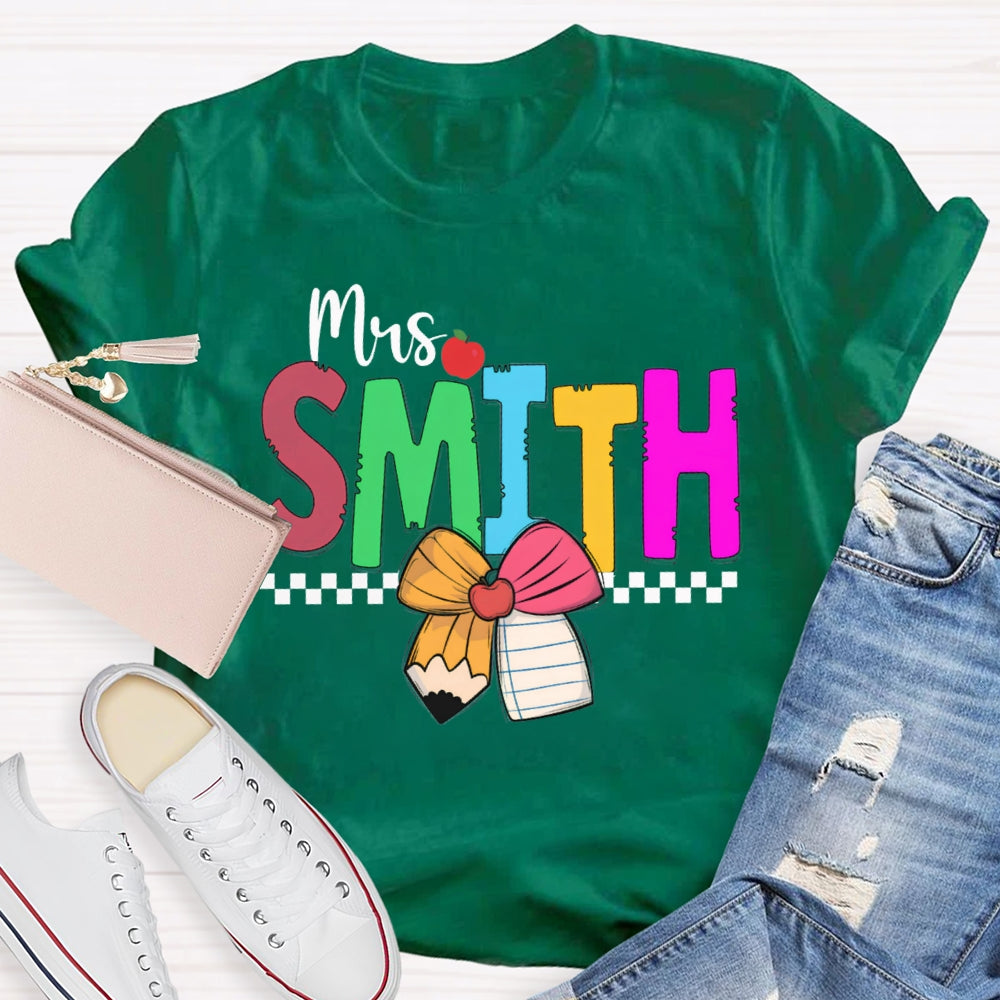 Personalized Name Colorful Bow And Apple Teacher T-shirt