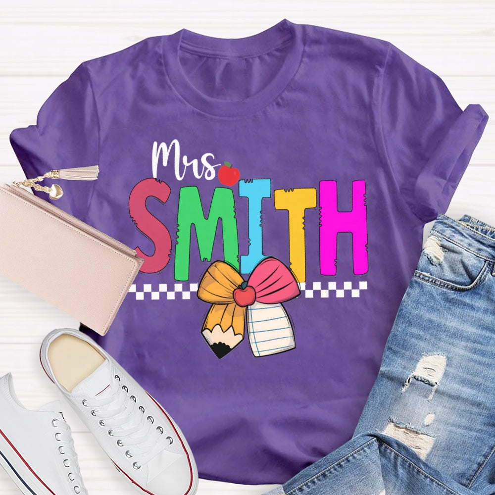 Personalized Name Colorful Bow And Apple Teacher T-shirt