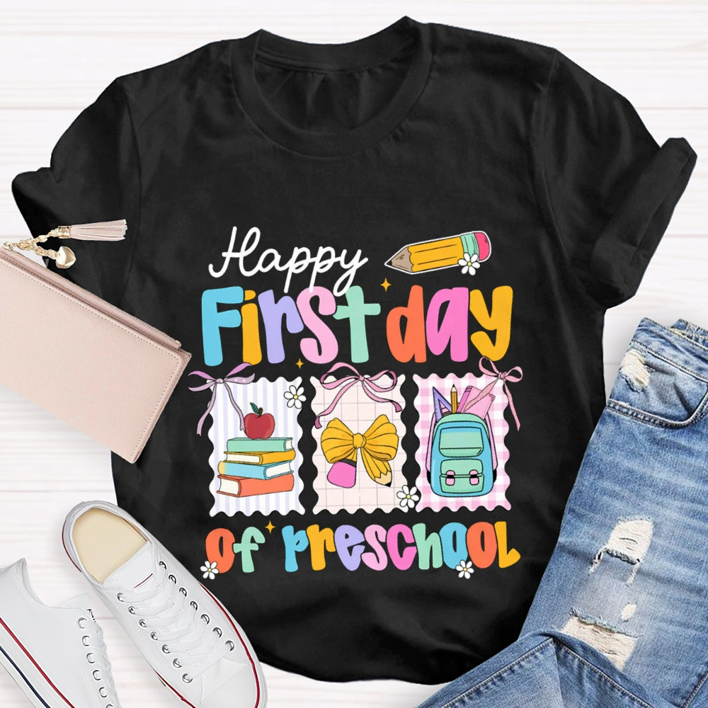Personalized Grade Happy First Day Of Preschool Yellow Bow T-shirt